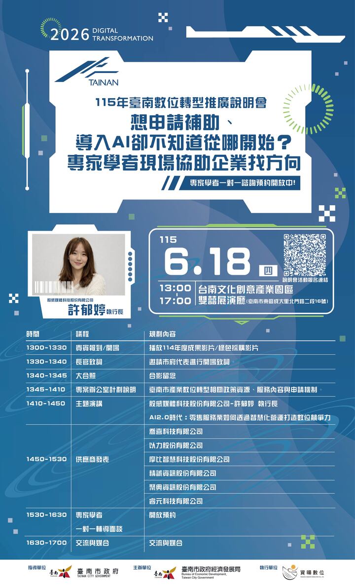 臺南推動數位轉型再加速　AI導入與補助申請一次掌握　專家進駐協助企業掌握AI商機