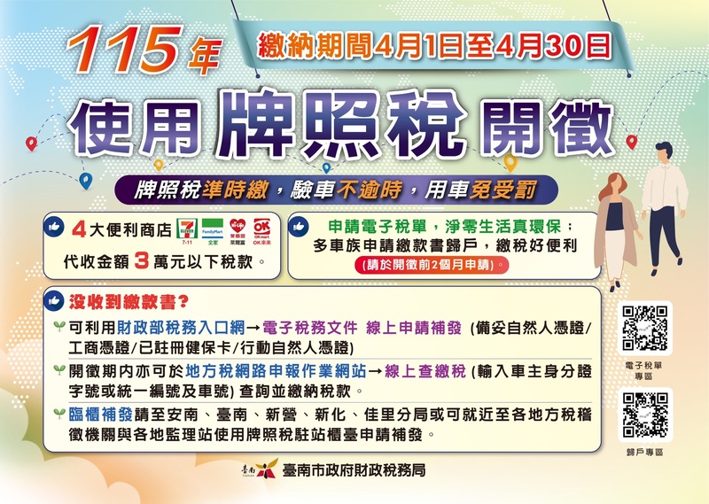 臺南市府提醒4月1日牌照稅開徵在即　多元繳納選擇更便利　電子稅單打造環保新趨勢