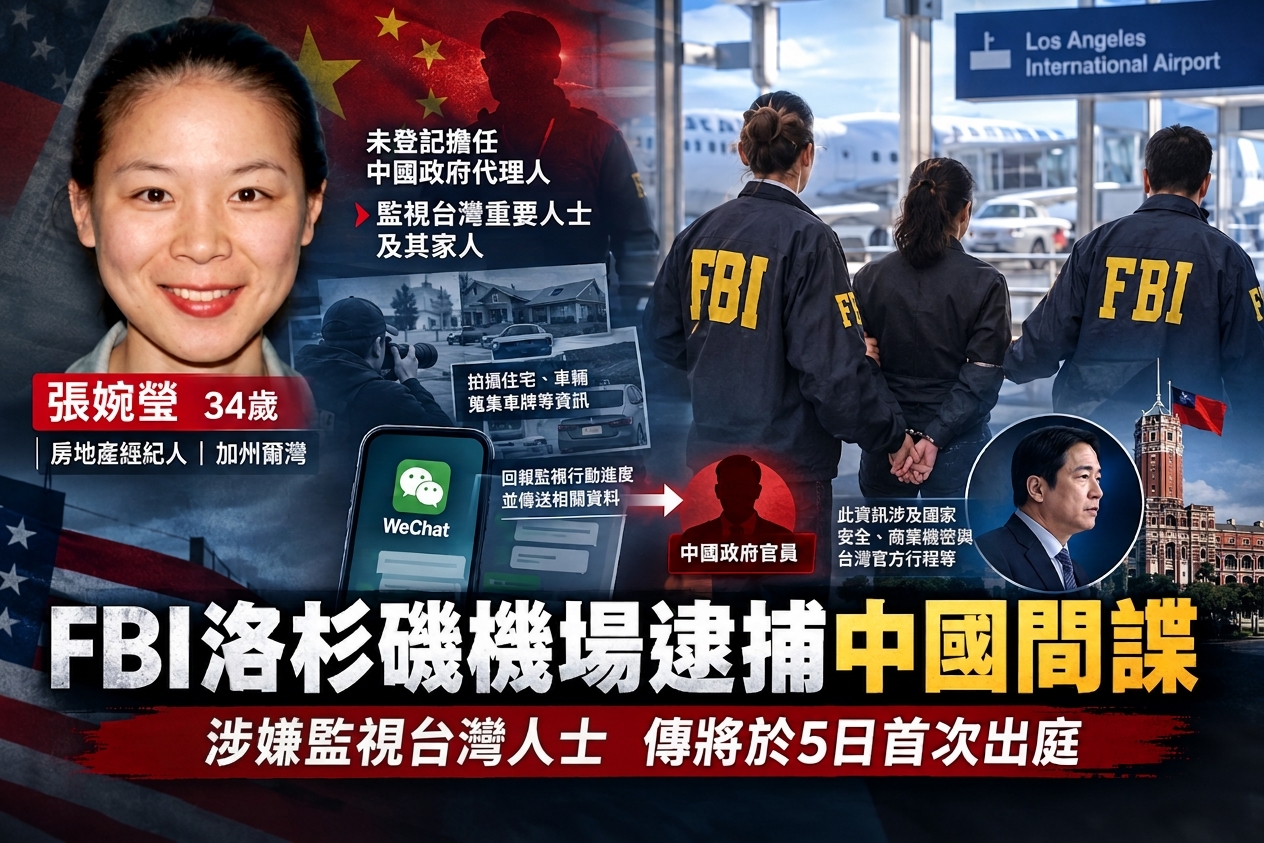 FBI洛杉磯機場逮捕中國籍女房仲　涉嫌赴西雅圖監控賴清德長子一家