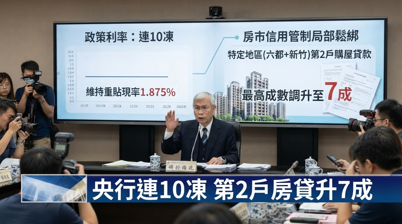 央行9月17日利率連10凍　房市信用管制鬆綁、第2戶房貸成數提高至7成