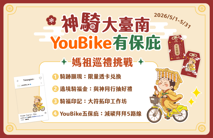 響應媽祖生！臺南市政府首推神「騎」大臺南　廟宇YouBike巡禮活動打造新玩法
