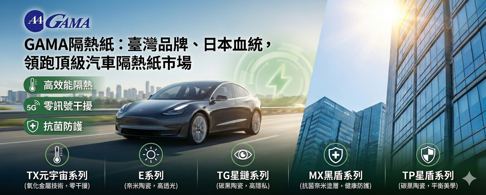GAMA隔熱紙：臺灣品牌、日本血統，領跑頂級汽車隔熱紙市場，高效能隔熱與抗菌防護，零訊號干擾，適用電動車、建築節能與健康防護