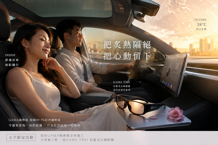 炎炎夏日七夕限定活動，炎熱隔絕好方法，GAMA隔熱紙抗藍光太陽眼鏡大放送