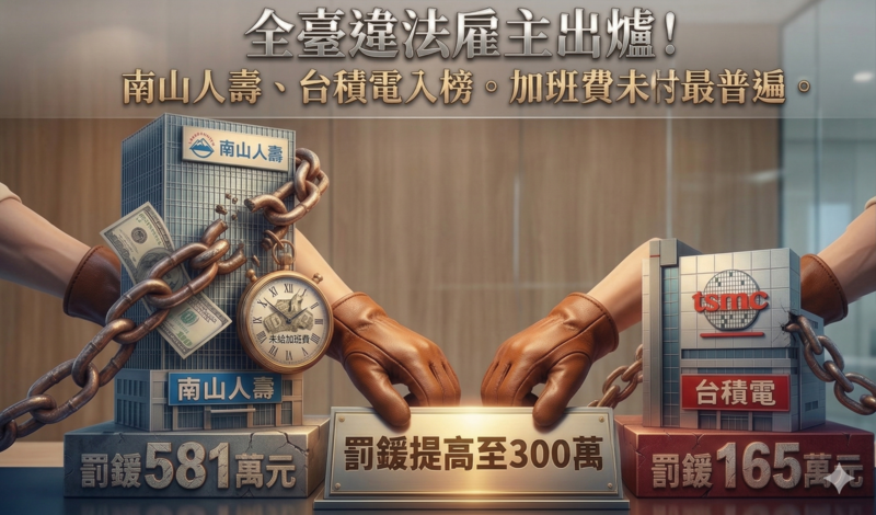 全臺十大違法雇主榜單出爐，南山人壽居冠、台積電入榜，勞團強調最大宗問題是未給加班費，建議修法提高罰責